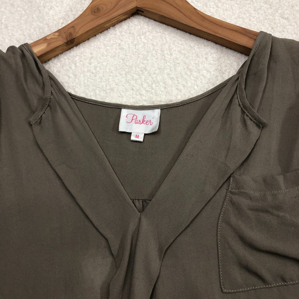 PARKER Women’s V Neck High Low Long Sleeve 100% Silk Blouse Green - Picture 4 of 9